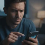 Tänk smart innan snabblånet En person håller i en mobiltelefon och tittar fundersamt på skärmen, i tankar om att ta ett smslån.